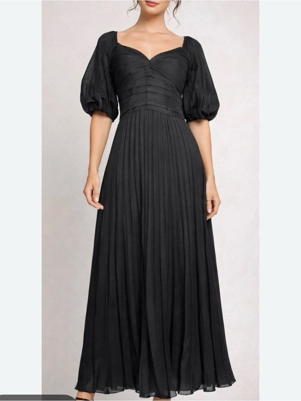 Abercrombie & Fitch Black Puff-Sleeve Pleated Maxi Gown